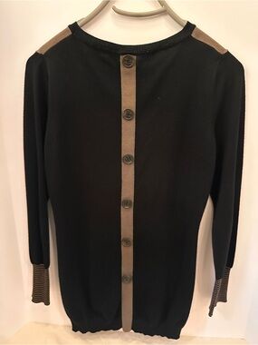 One A Black Sweater with Tan Trim and Button-Back Detail
